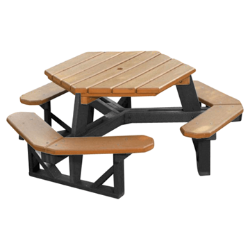 Commercial Hexagonal Recycled Plastic Picnic Table - 3 Attached Benches - Portable