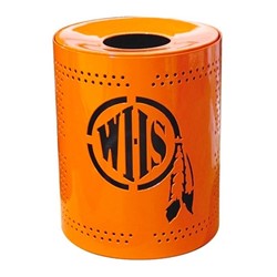 Custom Logo Round Perforated Trash Receptacle 32 Gallon Plastic Coated Perforated Metal, Portable or Surface Mount