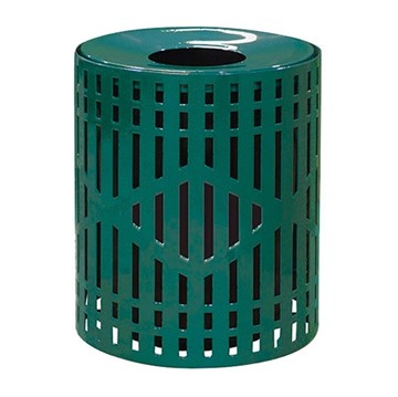 Round Diamond Pattern Trash Receptacle 32 Gallon Plastic Coated Steel, Portable or Surface Mount