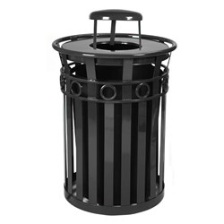 Trash Receptacle Round 36 Gallon Powder Coated Steel with Rain Cap Top, Portable