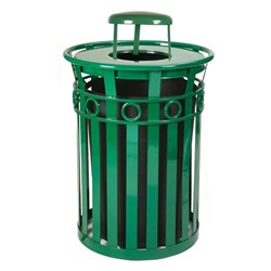 Trash Receptacle Round 36 Gallon Powder Coated Steel with Rain Cap Top, Portable