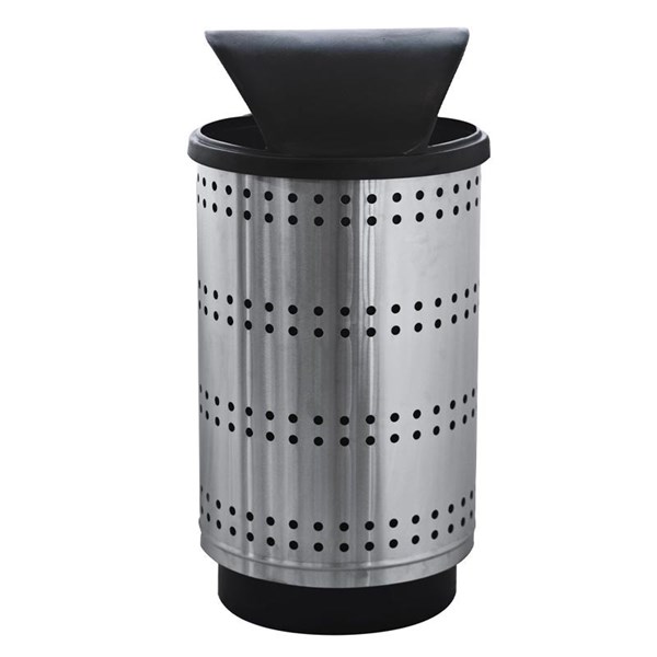 Trash Receptacle Round 55 Gallon Heavy Gauge Stainless Steel With Hood Top
