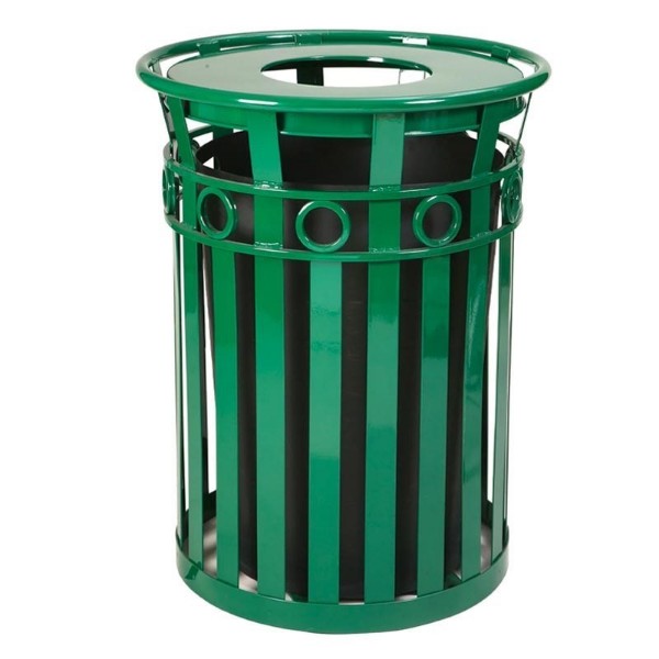 Round 36 Gallon Decorative Trash Can Powder Coated Steel With Flat Top, Portable