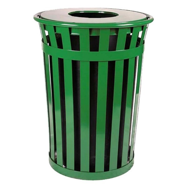  36 Gallon Round Trash Can - Powder Coated Steel With Flat Top - Portable