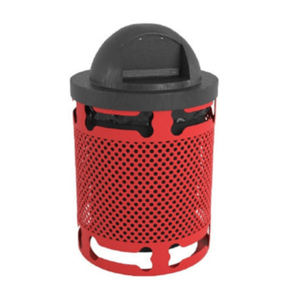 TR32PERF-BNS - 32 Gallon Perforated Bones Design Trash Receptacle For Dog Parks With Plastic Dome Top And Liner Included