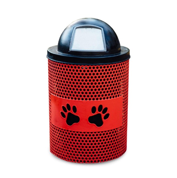 TR32PERF-PWS - 32 Gallon Perforated Paws Design Trash Receptacle For Dog Parks With Plastic Dome Top And Liner Included