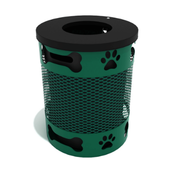 PDP004 - 32 Gallon Dog Park Paws & Bones Thermoplastic Coated Steel Expanded Trash Receptacle with Flat Top Lid - Green