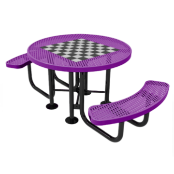 Elite Series 46" Round Checkerboard Game Picnic Table in Purple with Two Attached Seats and Thermoplastic Coated Steel Frame