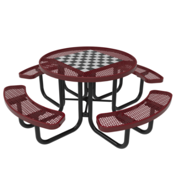 Elite Series 46" Round Checkerboard Game Picnic Table in Maroon with Thermoplastic Coated Steel Top and Four Attached Seats